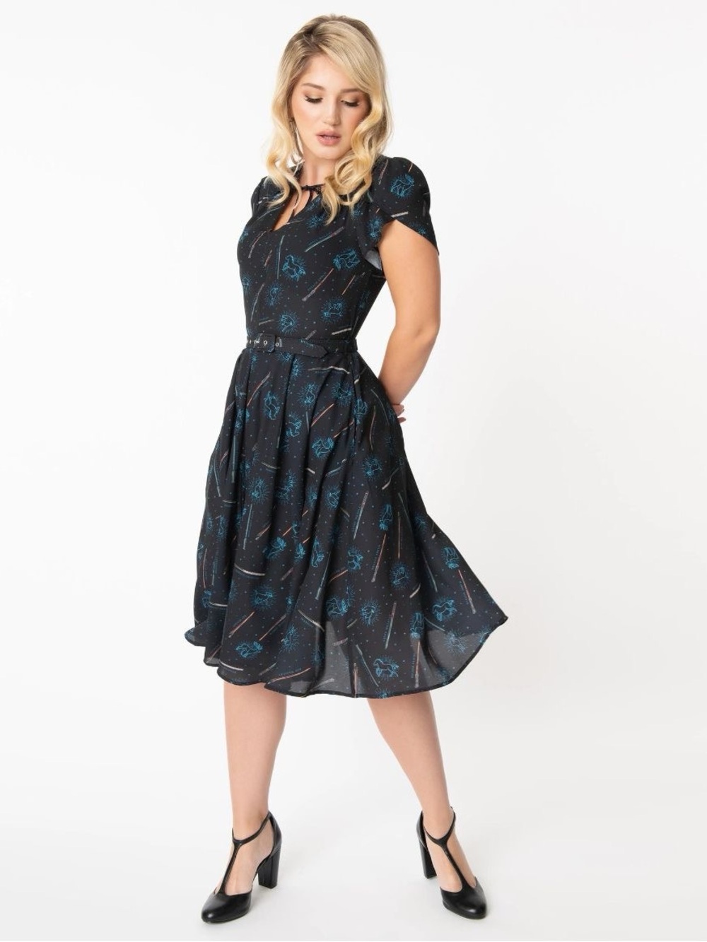 Unique Vintage Harry Potter Patronus Wand Print Dahlia Swing Dress